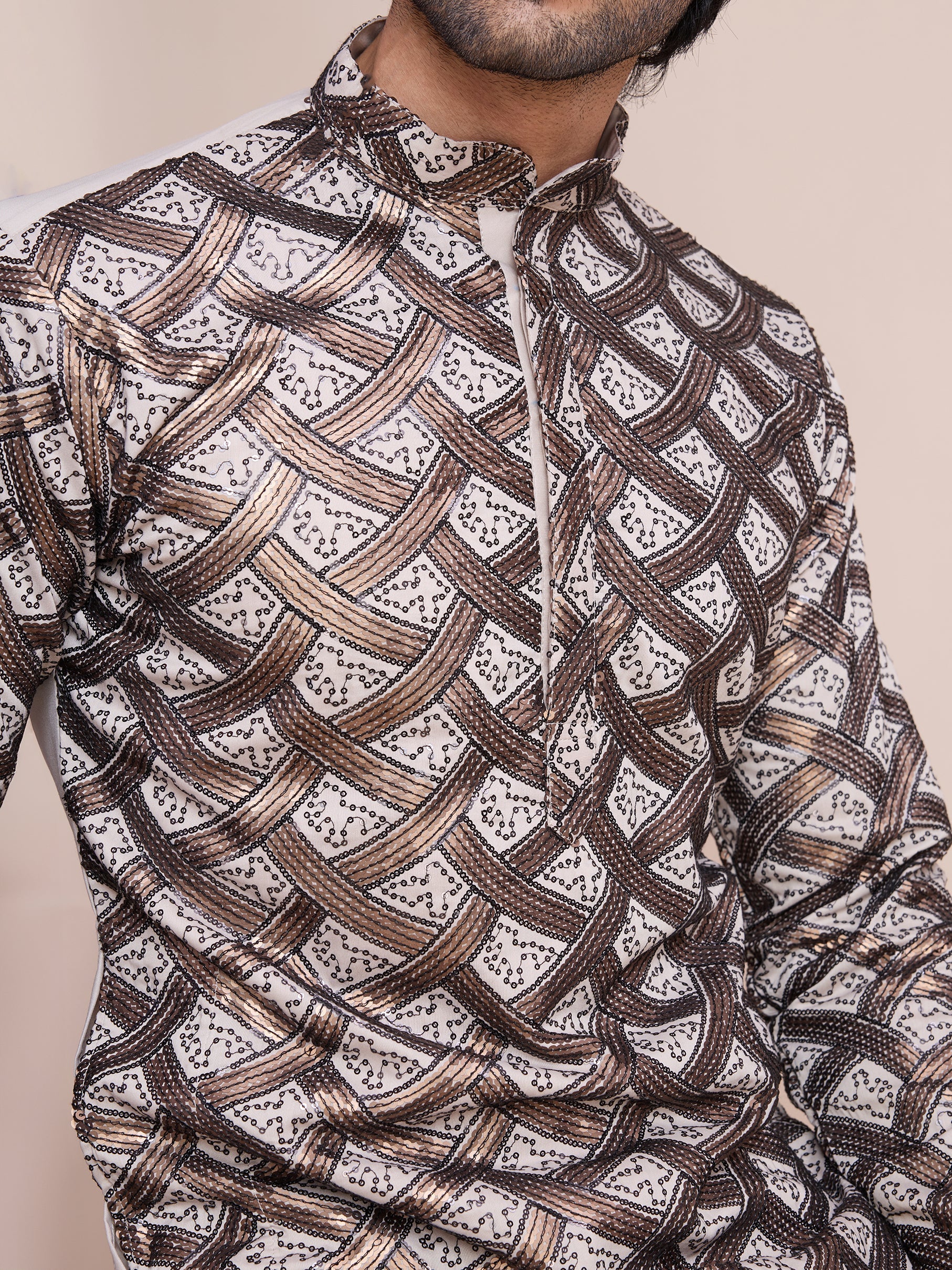 BEIGE SILK THREAD & SEQUENCE EMBROIDERED WORK KURTA - qivii