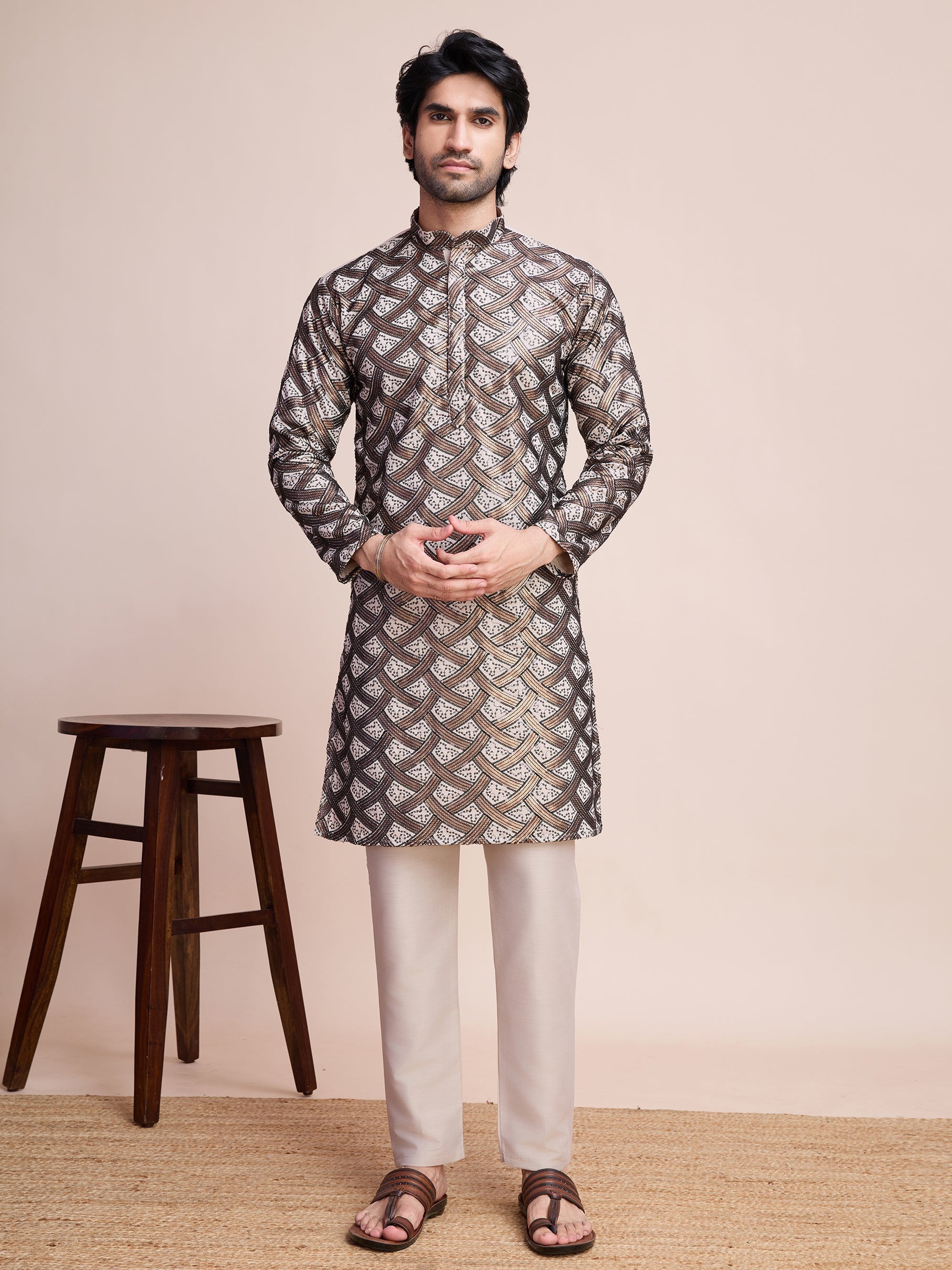BEIGE SILK THREAD & SEQUENCE EMBROIDERED WORK KURTA - qivii