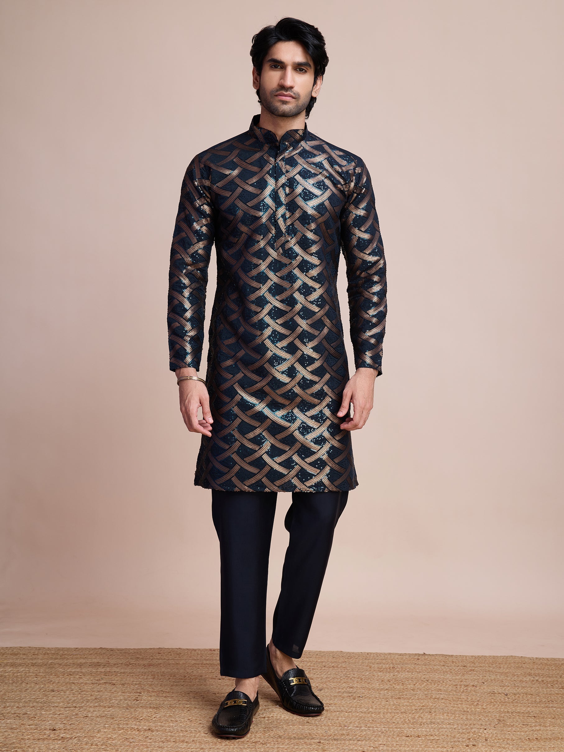 NAVY BLUE SILK THREAD & SEQUENCE EMBROIDERED WORK KURTA - qivii