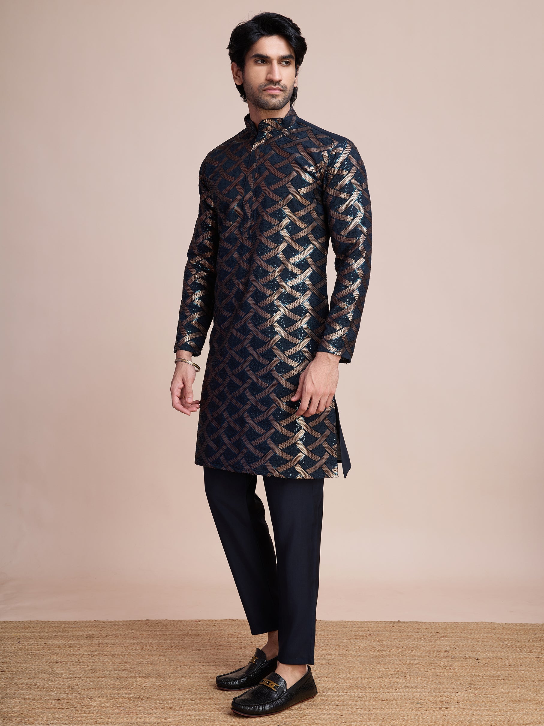 NAVY BLUE SILK THREAD & SEQUENCE EMBROIDERED WORK KURTA - qivii