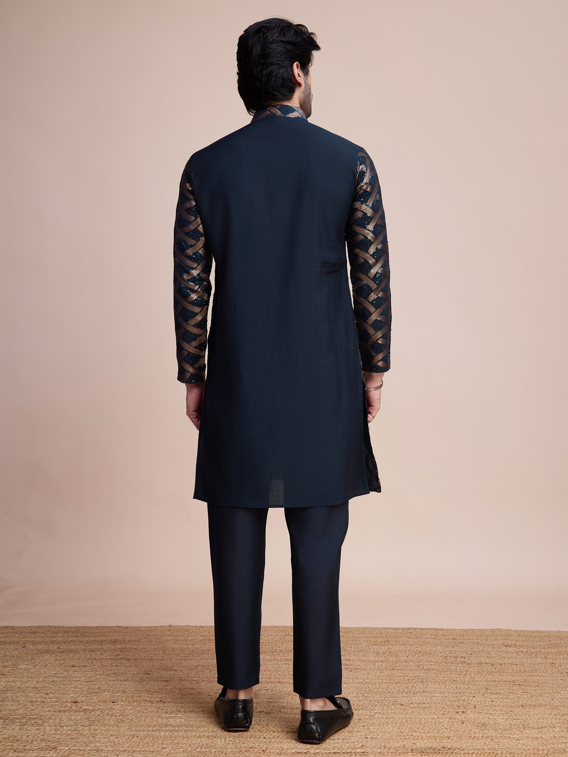 NAVY BLUE SILK THREAD & SEQUENCE EMBROIDERED WORK KURTA - qivii