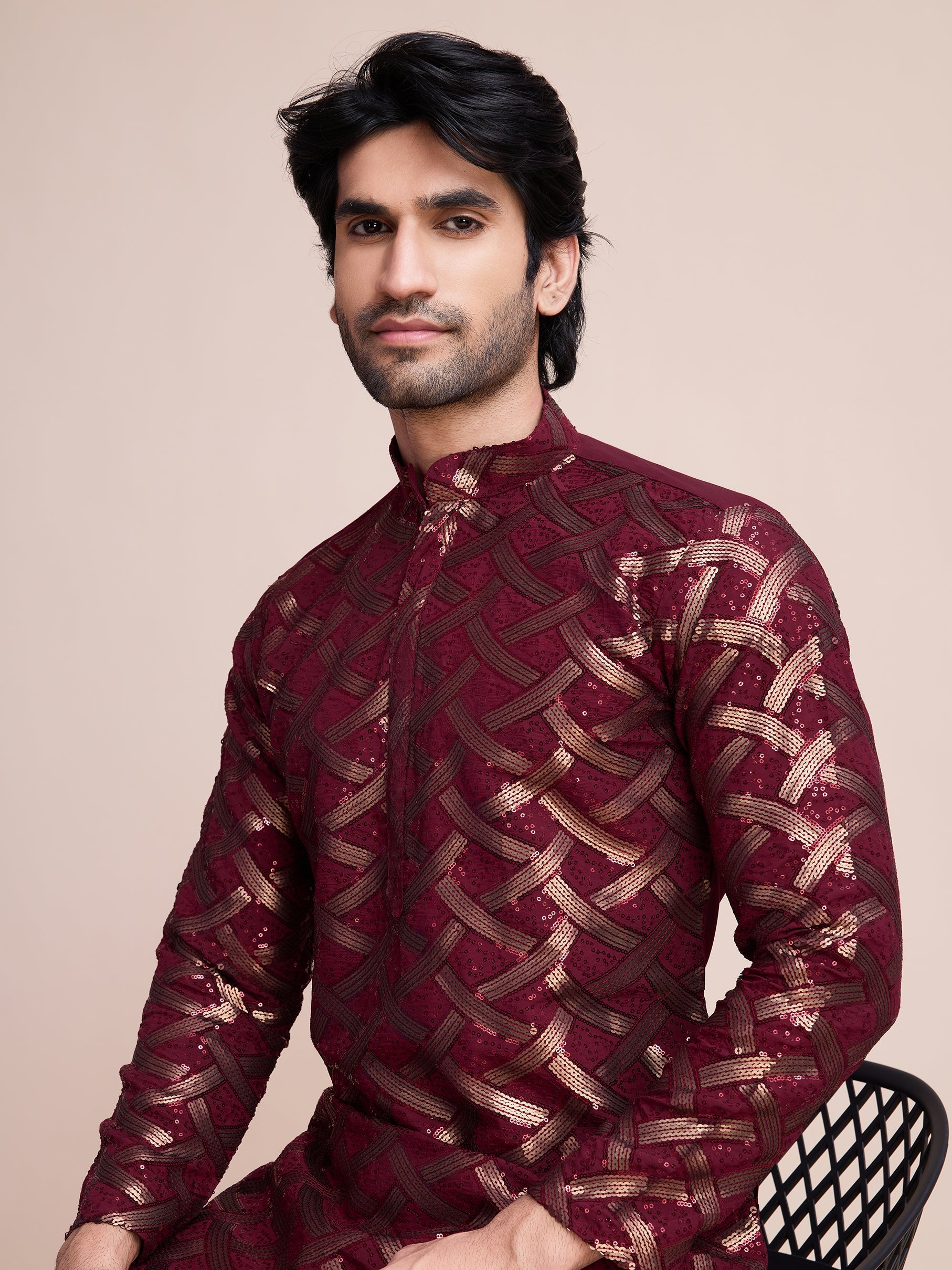 MAROON SILK THREAD & SEQUENCE EMBROIDERED WORK KURTA - qivii