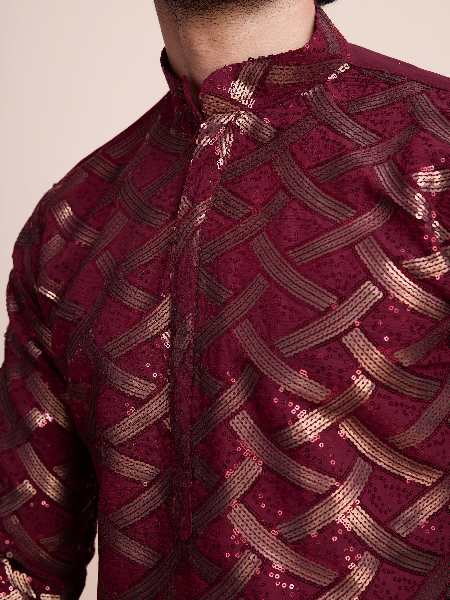 MAROON SILK THREAD & SEQUENCE EMBROIDERED WORK KURTA - qivii
