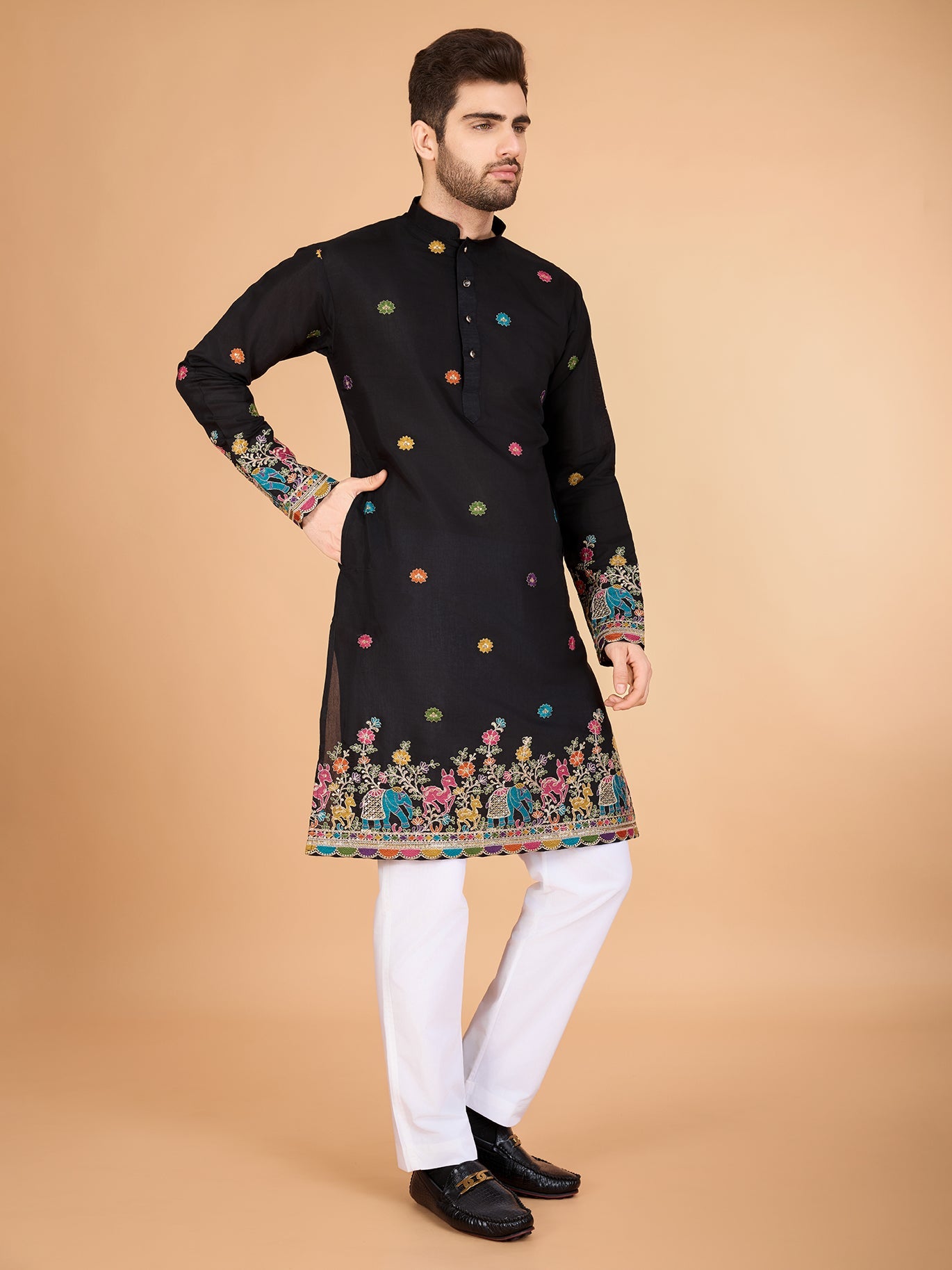 BLACK VISCOSE SILK THREAD & SEQUENCE EMBROIDDERED WORK KURTA - qivii