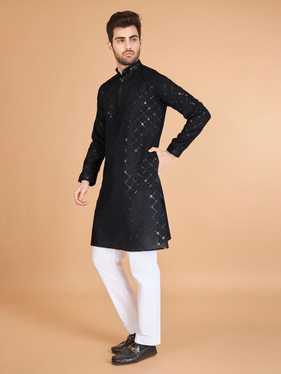 BLACK VISCOSE SILK THREAD, SEQUENCE EMBROIDERED WORK KURTA SET - qivii