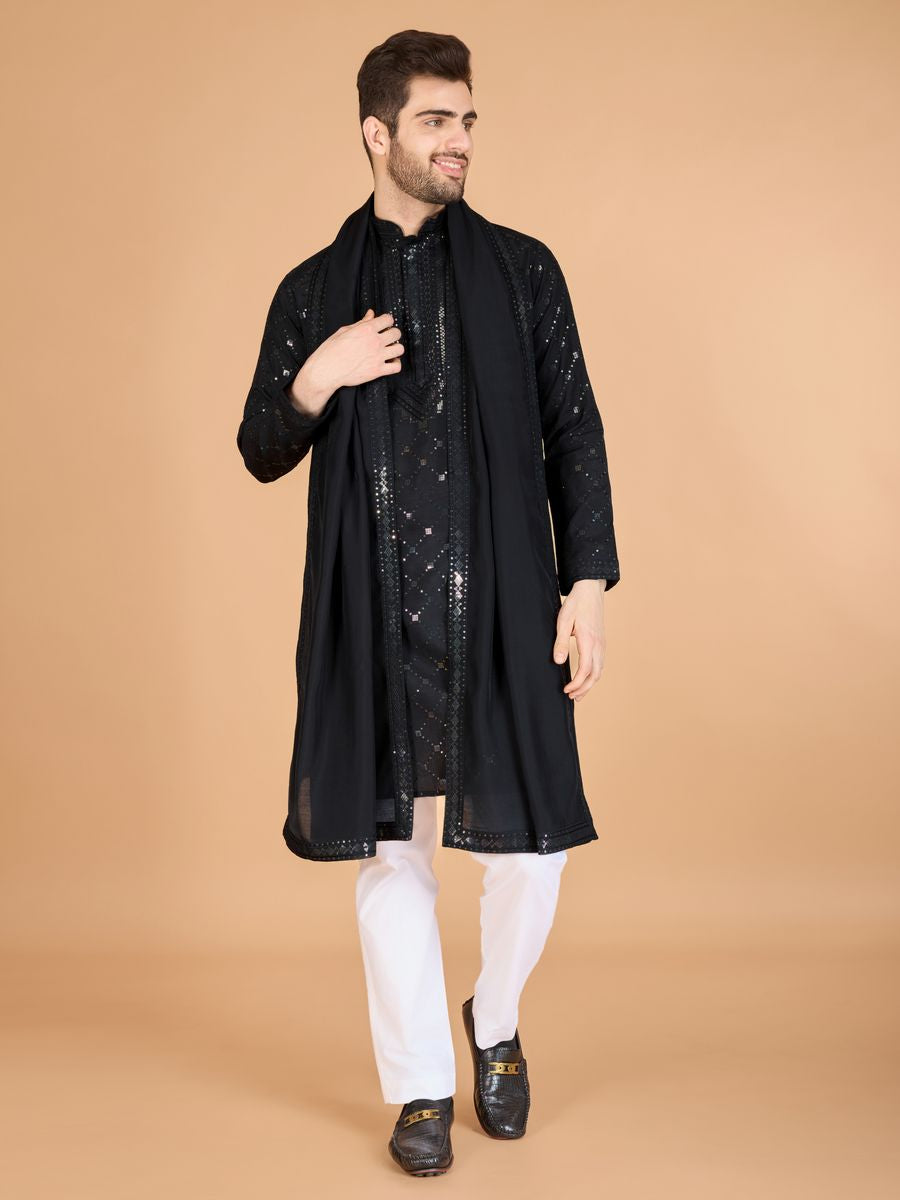 BLACK VISCOSE SILK THREAD, SEQUENCE EMBROIDERED WORK KURTA SET - qivii