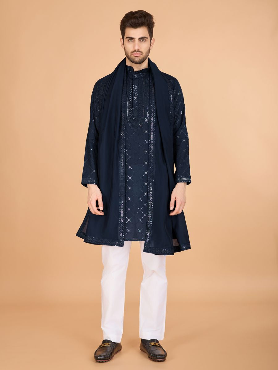 NAVY BLUE VISCOSE SILK THREAD, SEQUENCE EMBROIDERED WORK KURTA SET - qivii