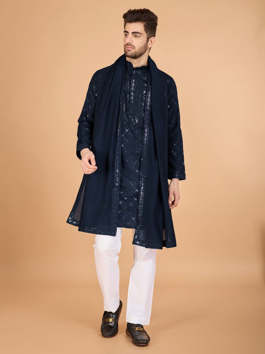 NAVY BLUE VISCOSE SILK THREAD, SEQUENCE EMBROIDERED WORK KURTA SET - qivii