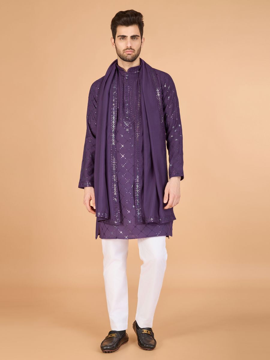 DUSTY PUPRLE VISCOSE SILK THREAD, SEQUENCE EMBROIDERED WORK KURTA SET - qivii