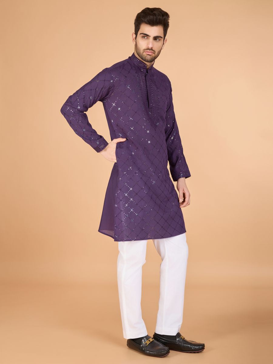 DUSTY PUPRLE VISCOSE SILK THREAD, SEQUENCE EMBROIDERED WORK KURTA SET - qivii