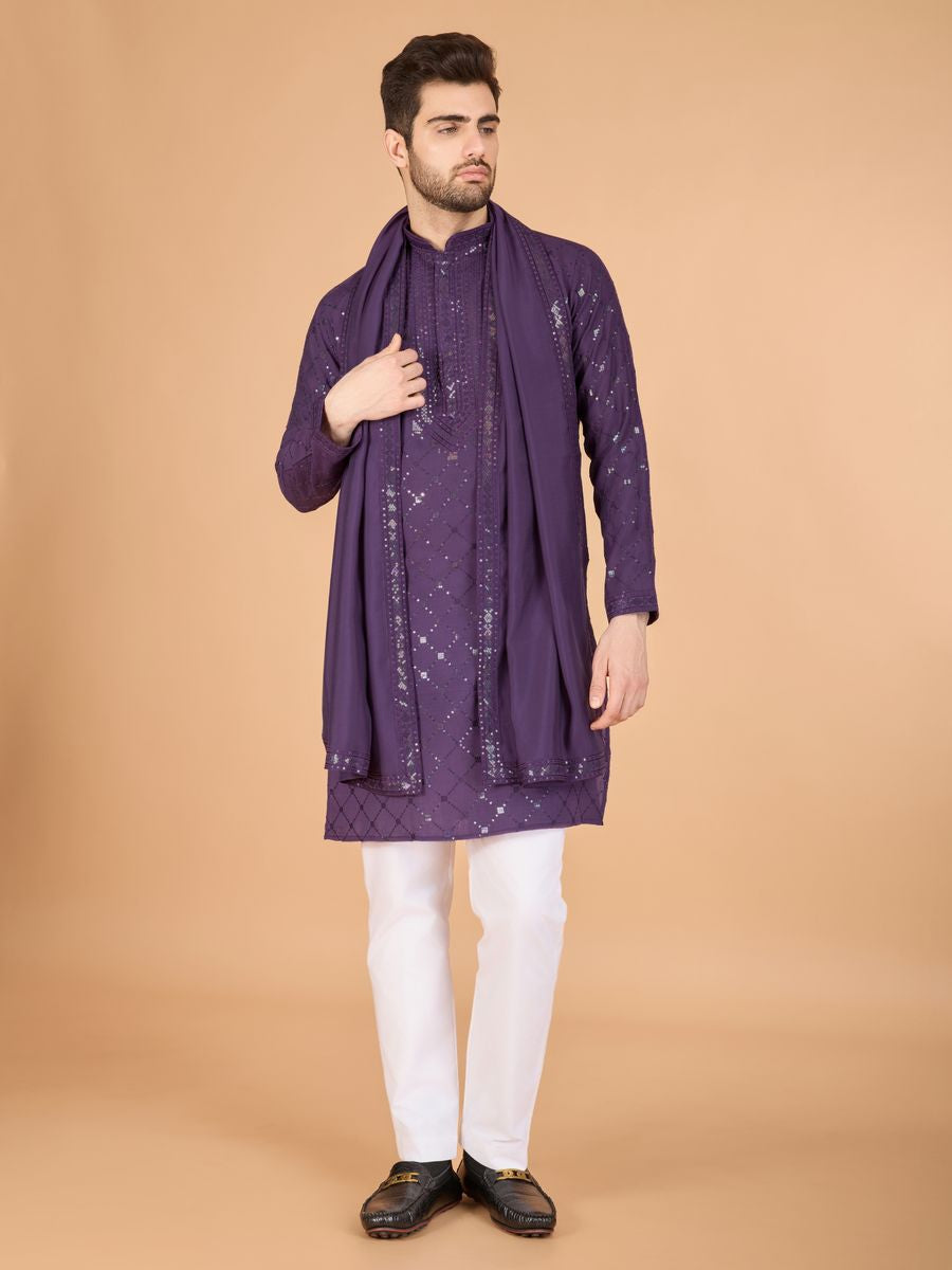 DUSTY PUPRLE VISCOSE SILK THREAD, SEQUENCE EMBROIDERED WORK KURTA SET - qivii