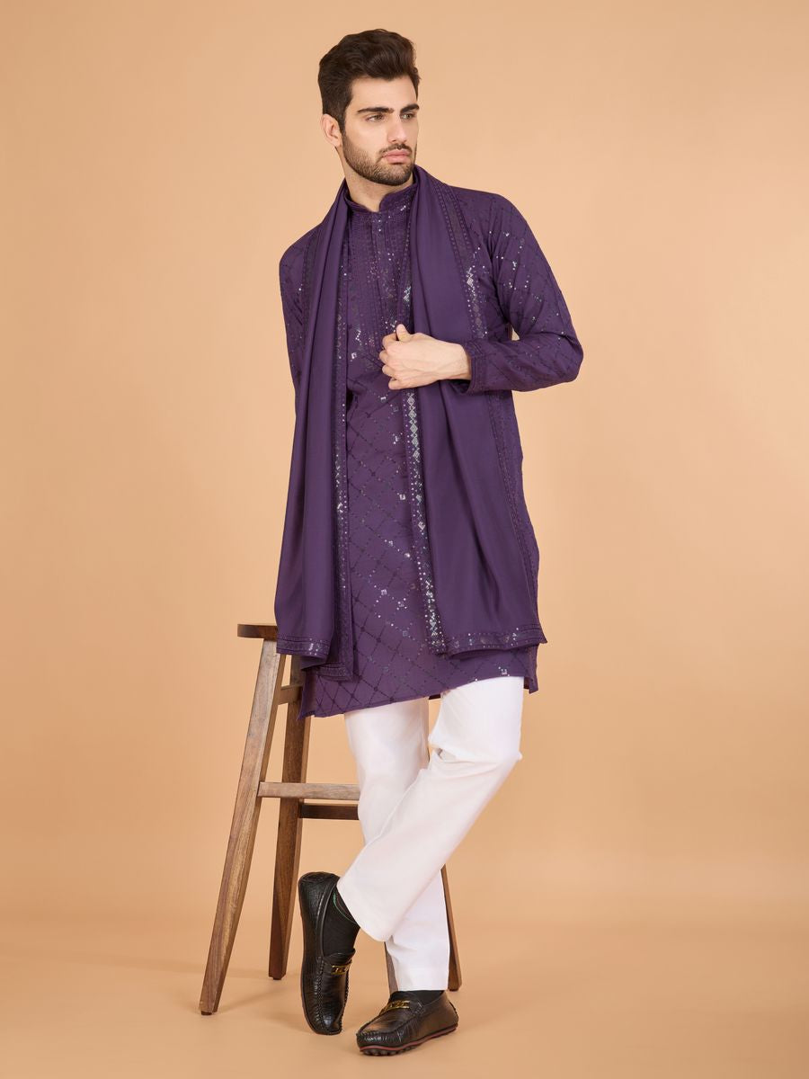 DUSTY PUPRLE VISCOSE SILK THREAD, SEQUENCE EMBROIDERED WORK KURTA SET - qivii