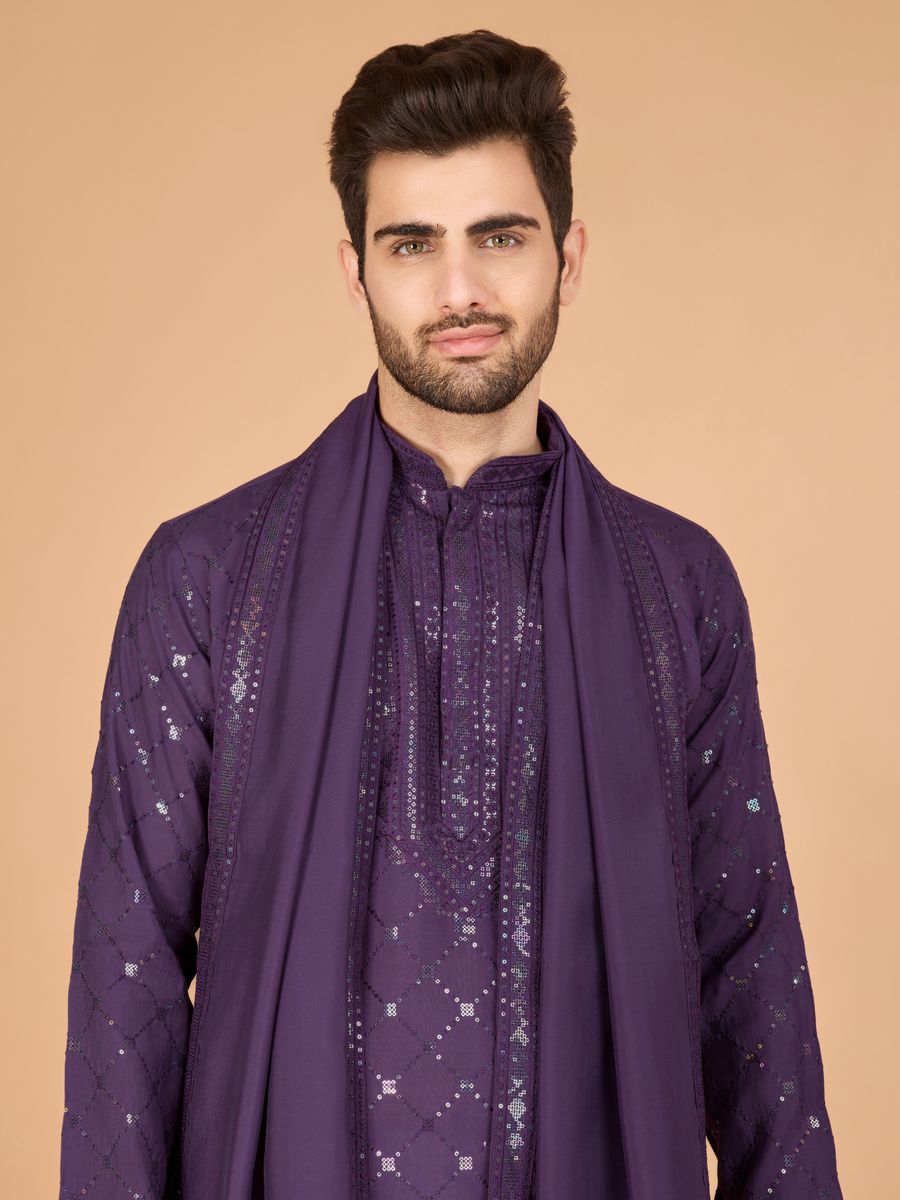 DUSTY PUPRLE VISCOSE SILK THREAD, SEQUENCE EMBROIDERED WORK KURTA SET - qivii