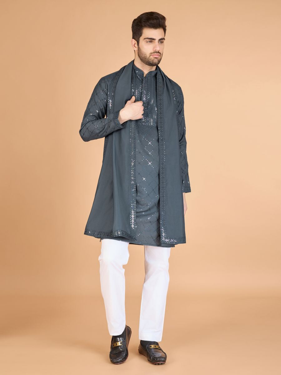 GREY VISCOSE SILK THREAD, SEQUENCE EMBROIDERED WORK KURTA SET - qivii