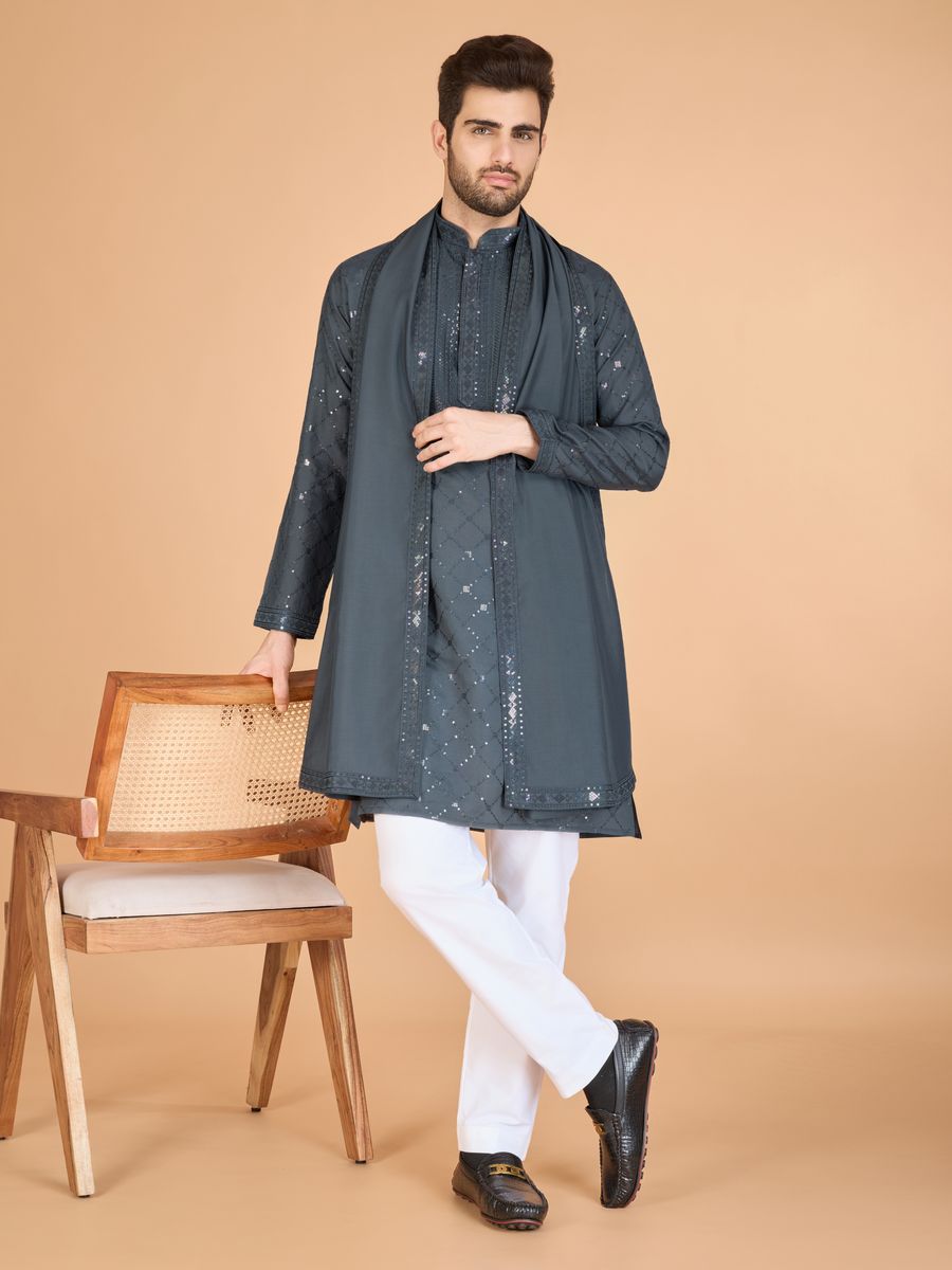 GREY VISCOSE SILK THREAD, SEQUENCE EMBROIDERED WORK KURTA SET - qivii
