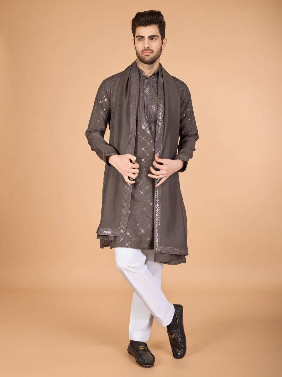BROWN VISCOSE SILK THREAD, SEQUENCE EMBROIDERED WORK KURTA SET - qivii