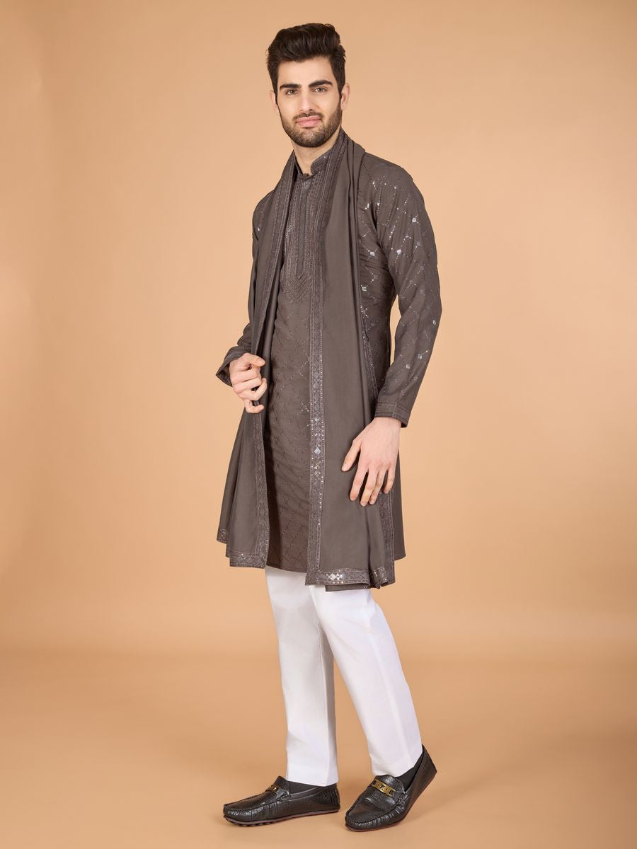 BROWN VISCOSE SILK THREAD, SEQUENCE EMBROIDERED WORK KURTA SET - qivii