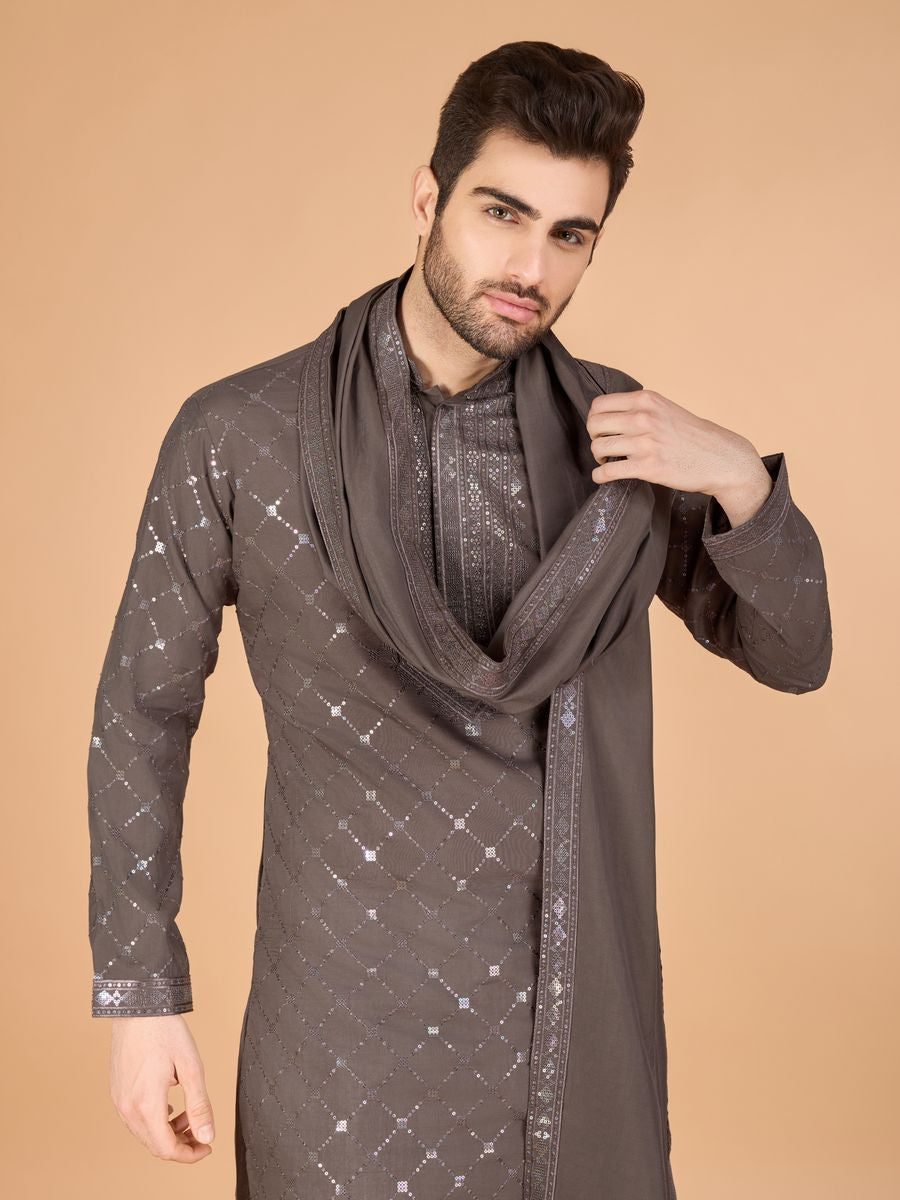 BROWN VISCOSE SILK THREAD, SEQUENCE EMBROIDERED WORK KURTA SET - qivii
