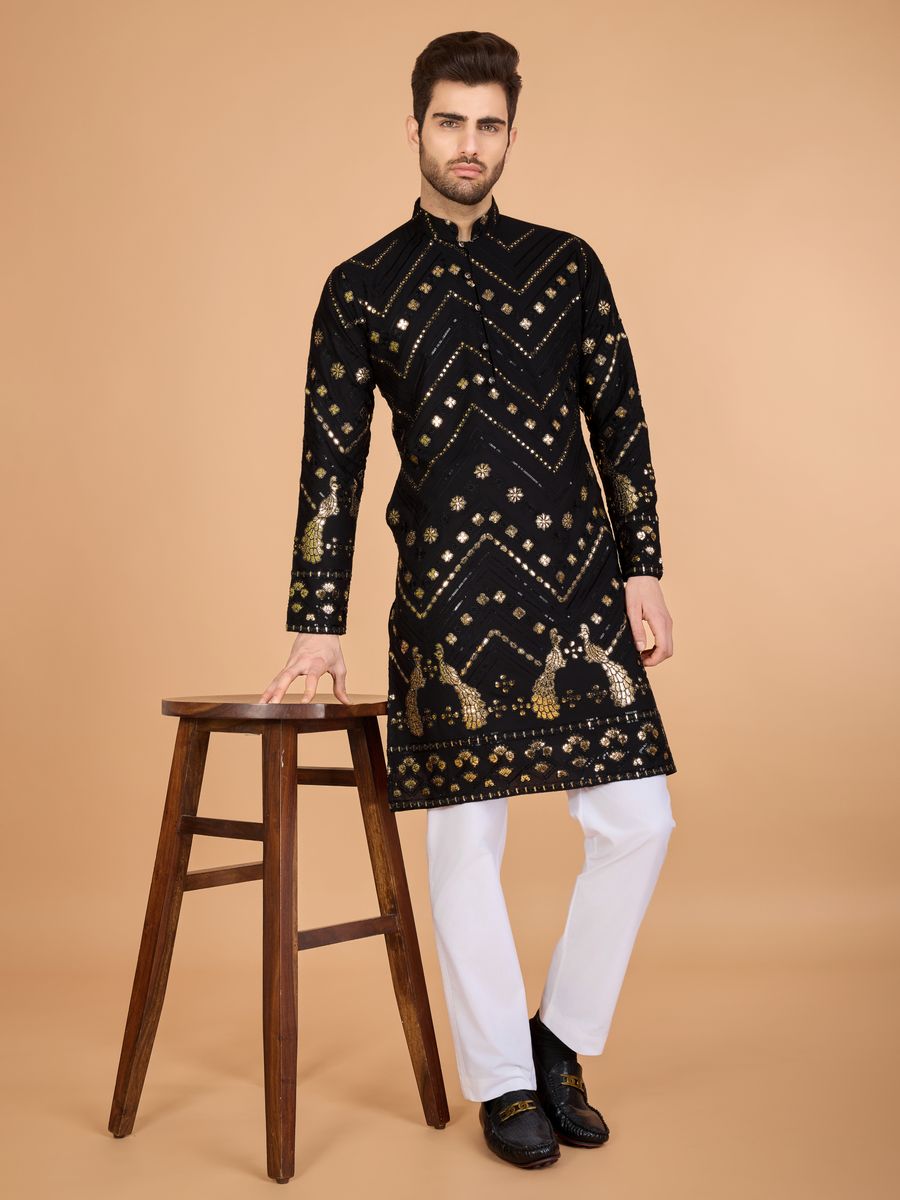 BLACK PURE VISCOSE RAYON THREAD & SEQUENCE EMBROIDERED WORK KURTA - qivii