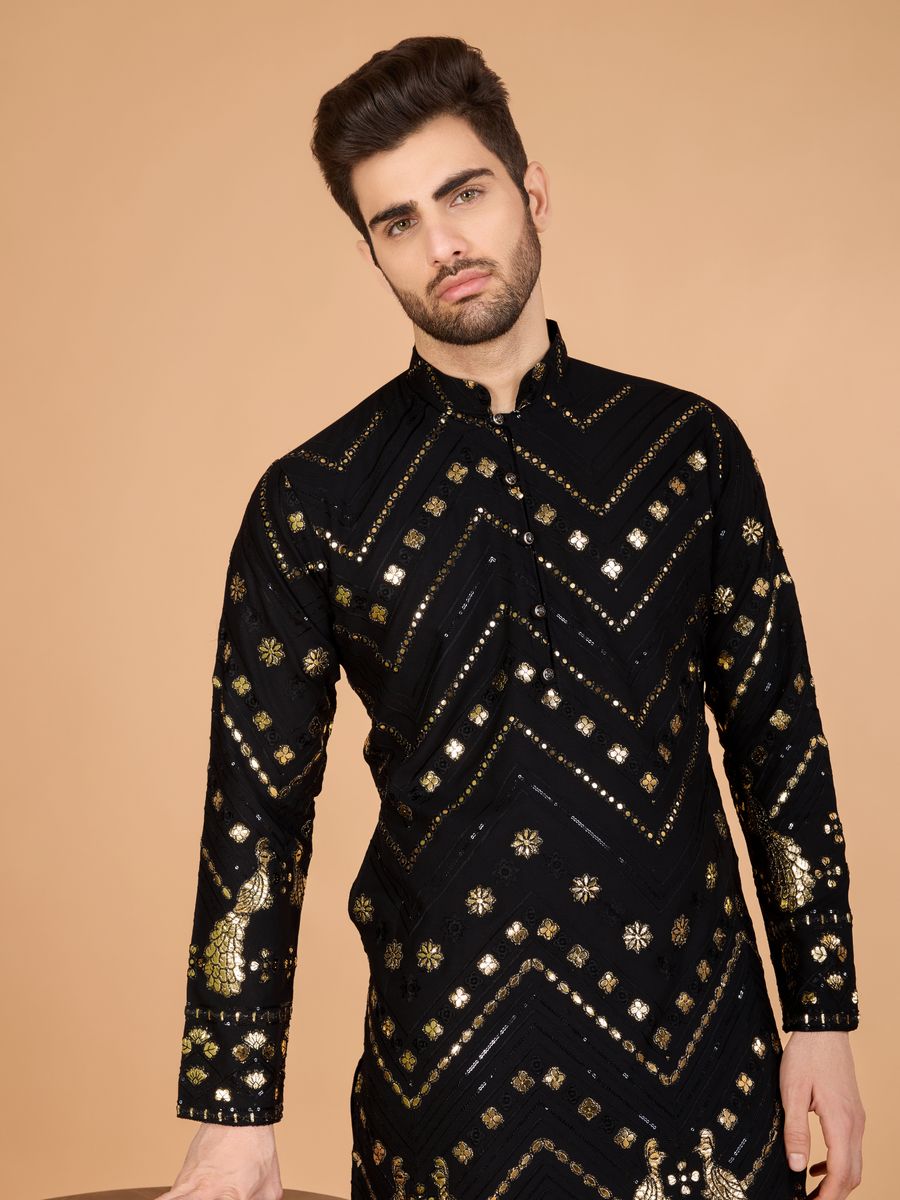BLACK PURE VISCOSE RAYON THREAD & SEQUENCE EMBROIDERED WORK KURTA - qivii