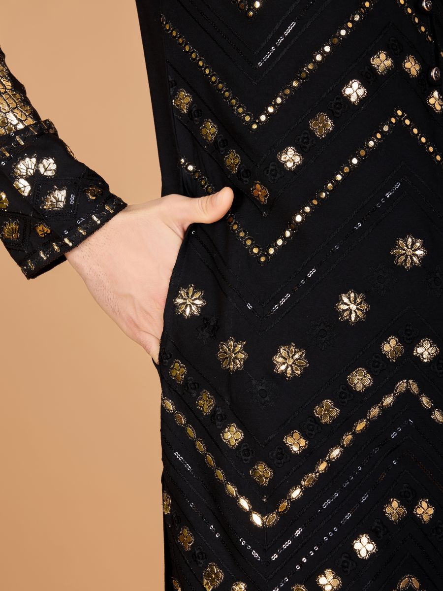 BLACK PURE VISCOSE RAYON THREAD & SEQUENCE EMBROIDERED WORK KURTA - qivii