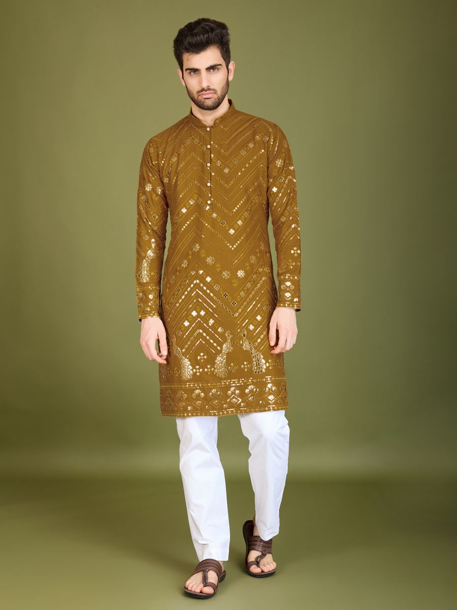 YELLOW PURE VISCOSE RAYON THREAD & SEQUENCE EMBROIDERED WORK KURTA - qivii