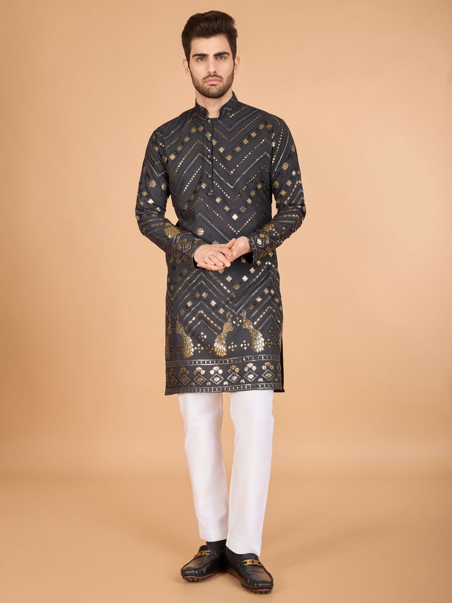GREY PURE VISCOSE RAYON THREAD & SEQUENCE EMBROIDERED WORK KURTA - qivii