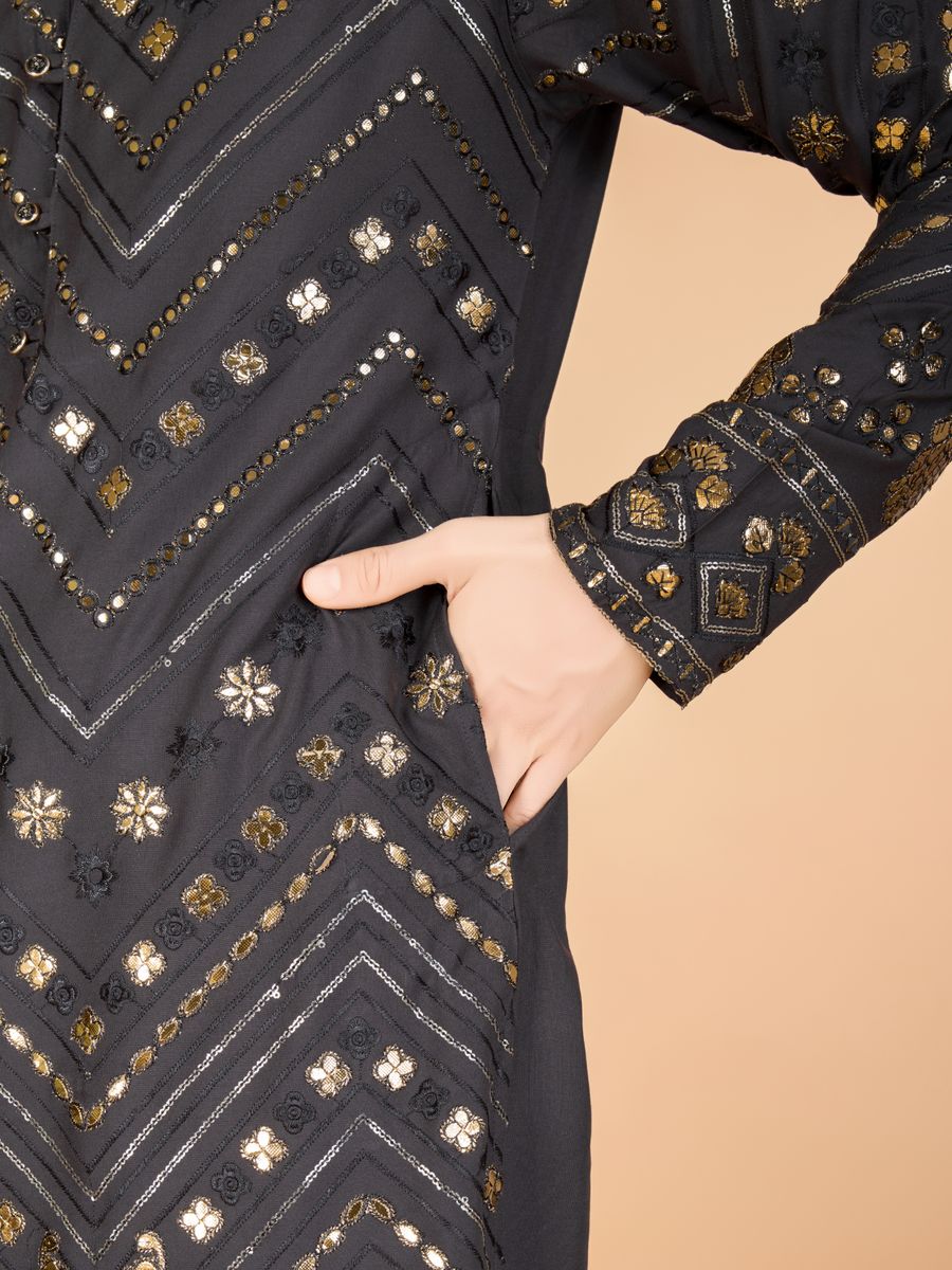 GREY PURE VISCOSE RAYON THREAD & SEQUENCE EMBROIDERED WORK KURTA - qivii
