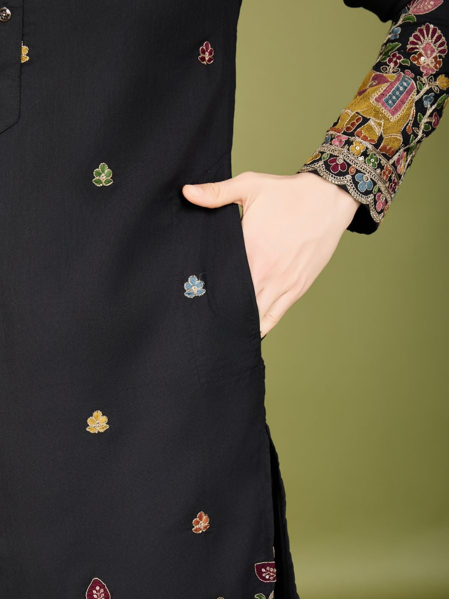 BLACK COTTON THREAD, SEQUENCE EMBROIDERED WORK KURTA - qivii