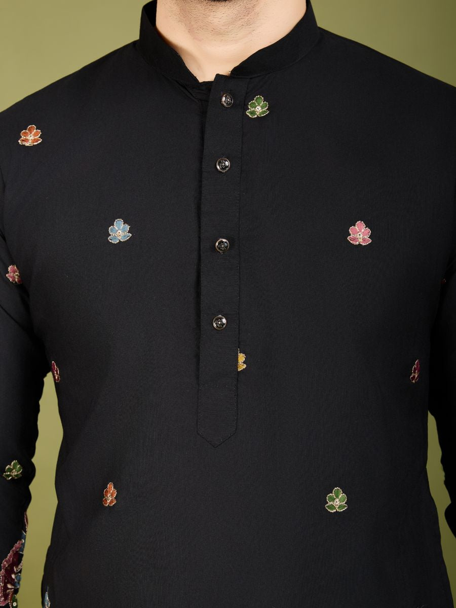 BLACK COTTON THREAD, SEQUENCE EMBROIDERED WORK KURTA - qivii