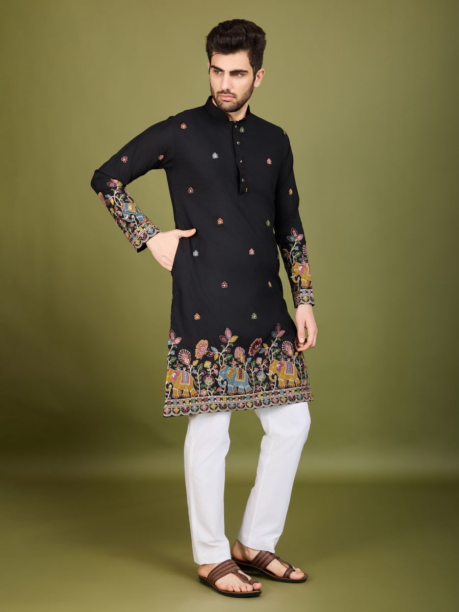 BLACK COTTON THREAD, SEQUENCE EMBROIDERED WORK KURTA - qivii