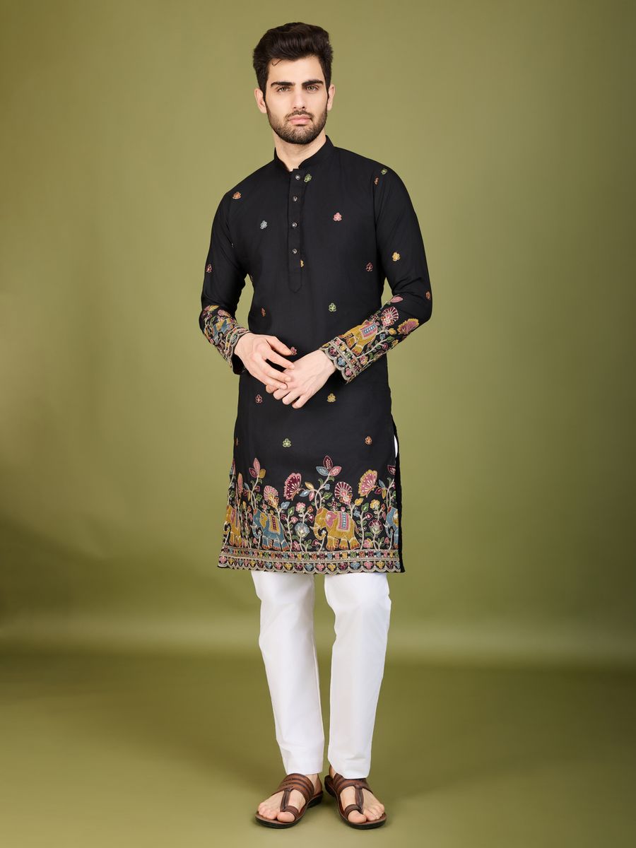 BLACK COTTON THREAD, SEQUENCE EMBROIDERED WORK KURTA - qivii