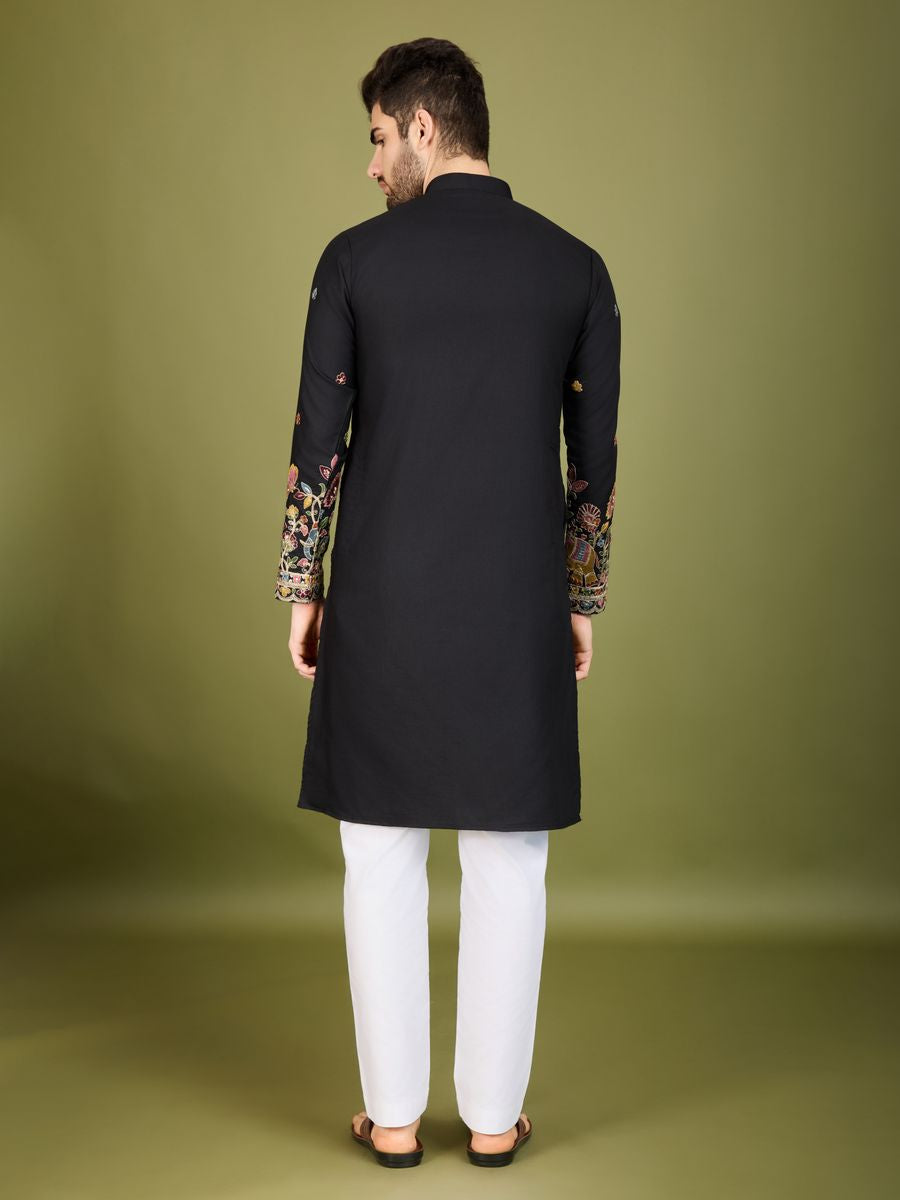 BLACK COTTON THREAD, SEQUENCE EMBROIDERED WORK KURTA - qivii