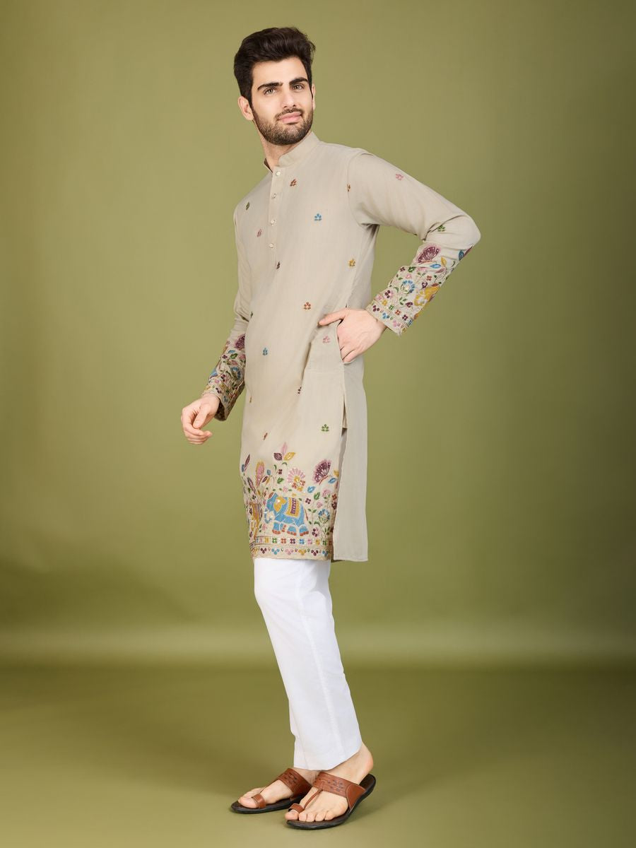 IVERY COTTON THREAD, SEQUENCE EMBROIDERED WORK KURTA - qivii