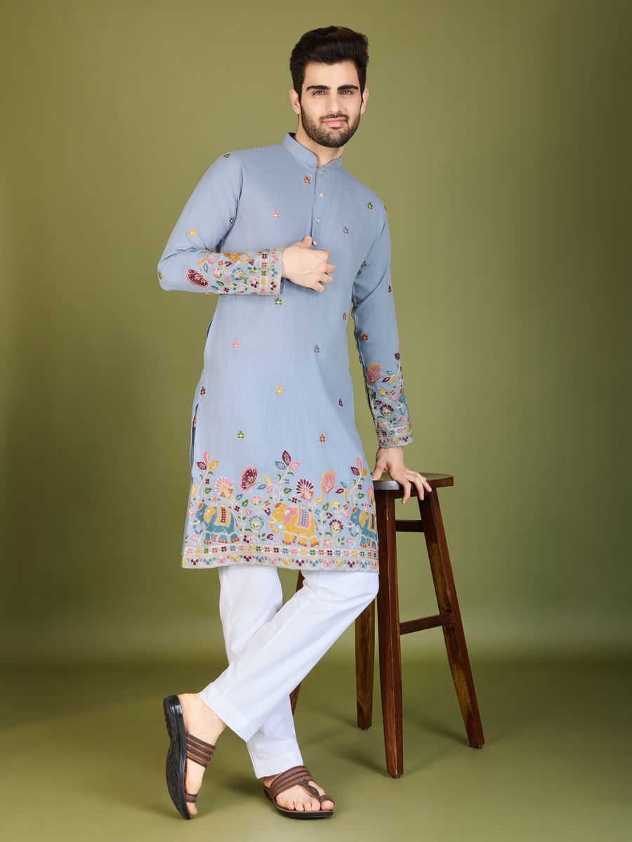 SKY BLUE COTTON THREAD, SEQUENCE EMBROIDERED WORK KURTA - qivii