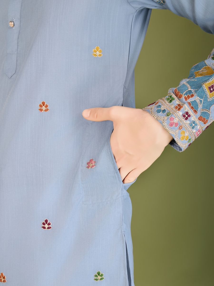 SKY BLUE COTTON THREAD, SEQUENCE EMBROIDERED WORK KURTA - qivii