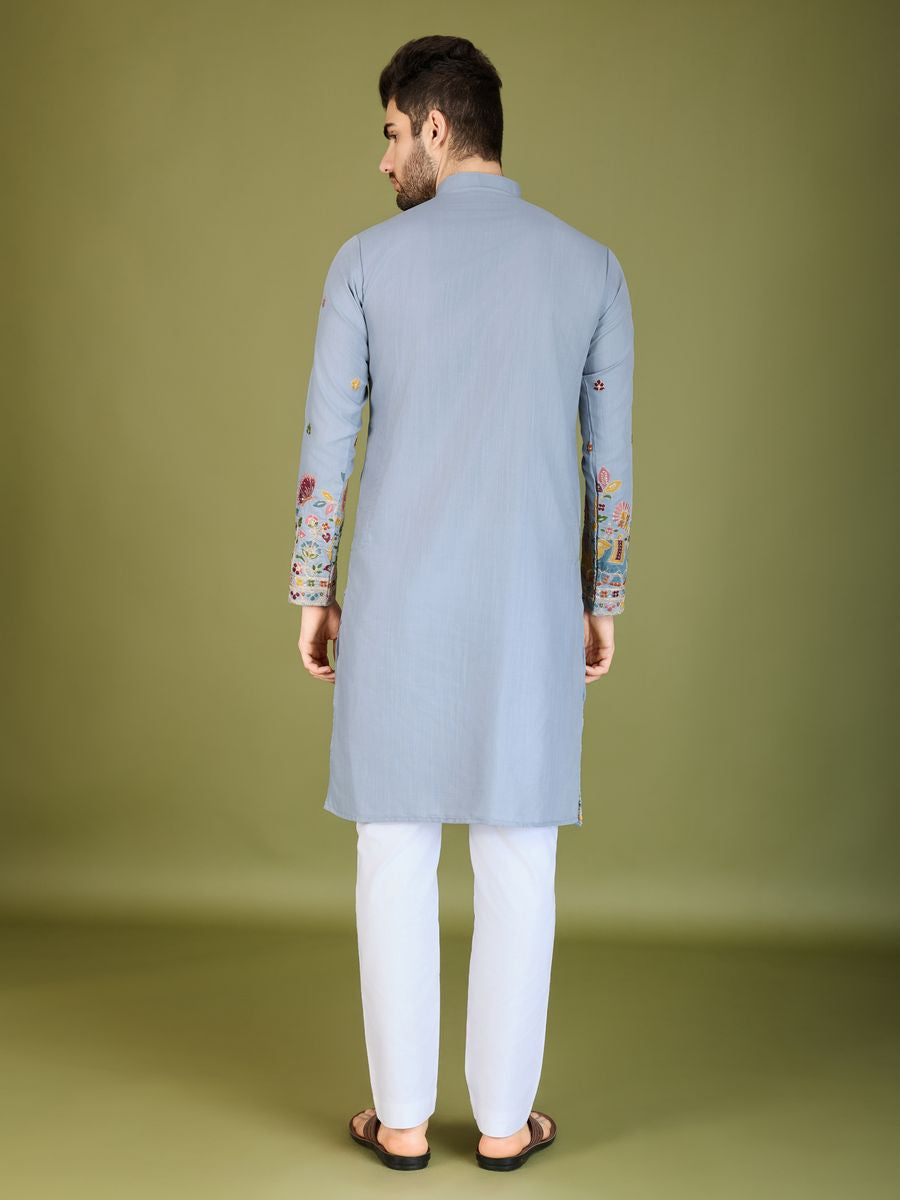 SKY BLUE COTTON THREAD, SEQUENCE EMBROIDERED WORK KURTA - qivii