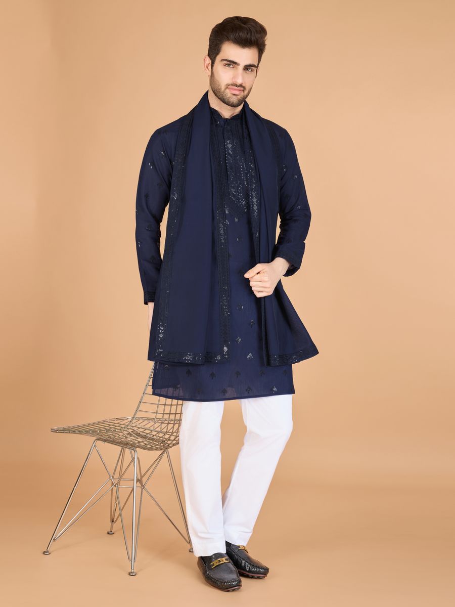 NAVY BLUE VISCOSE SILK THREAD, SEQUENCE EMBROIDERED WORK KURTA SET - qivii
