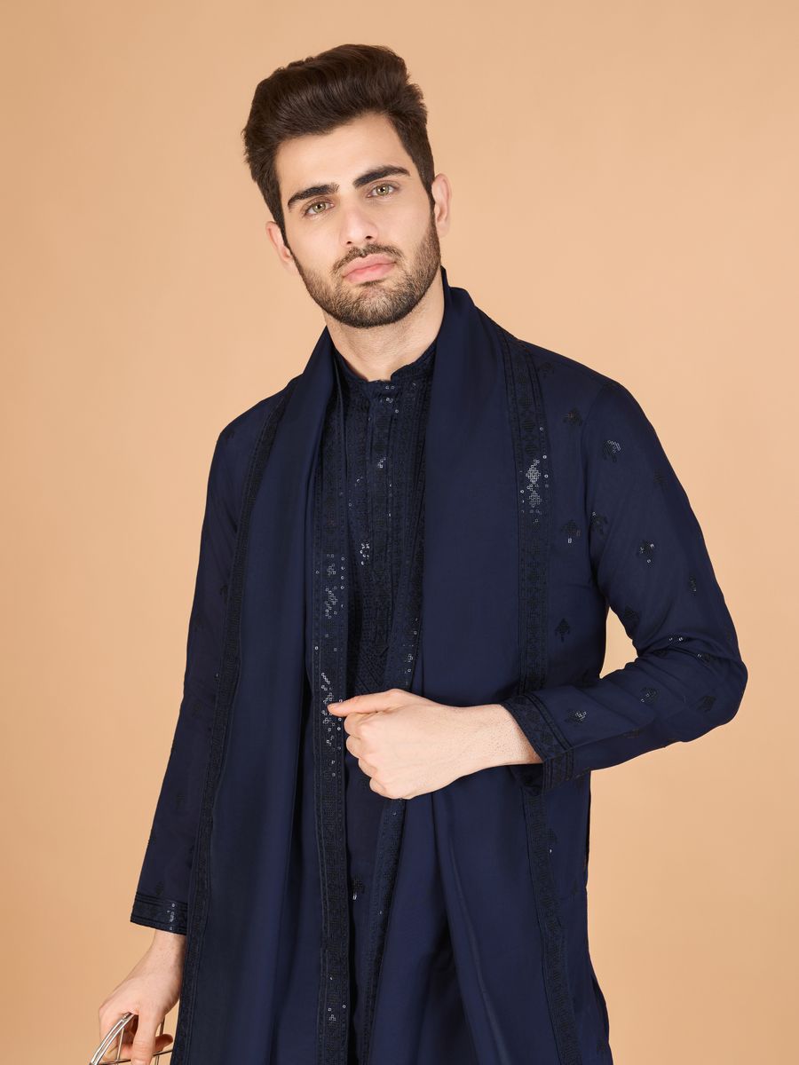 NAVY BLUE VISCOSE SILK THREAD, SEQUENCE EMBROIDERED WORK KURTA SET - qivii