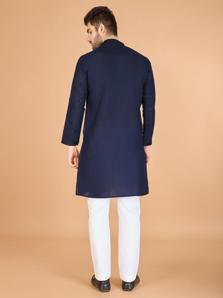 NAVY BLUE VISCOSE SILK THREAD, SEQUENCE EMBROIDERED WORK KURTA SET - qivii