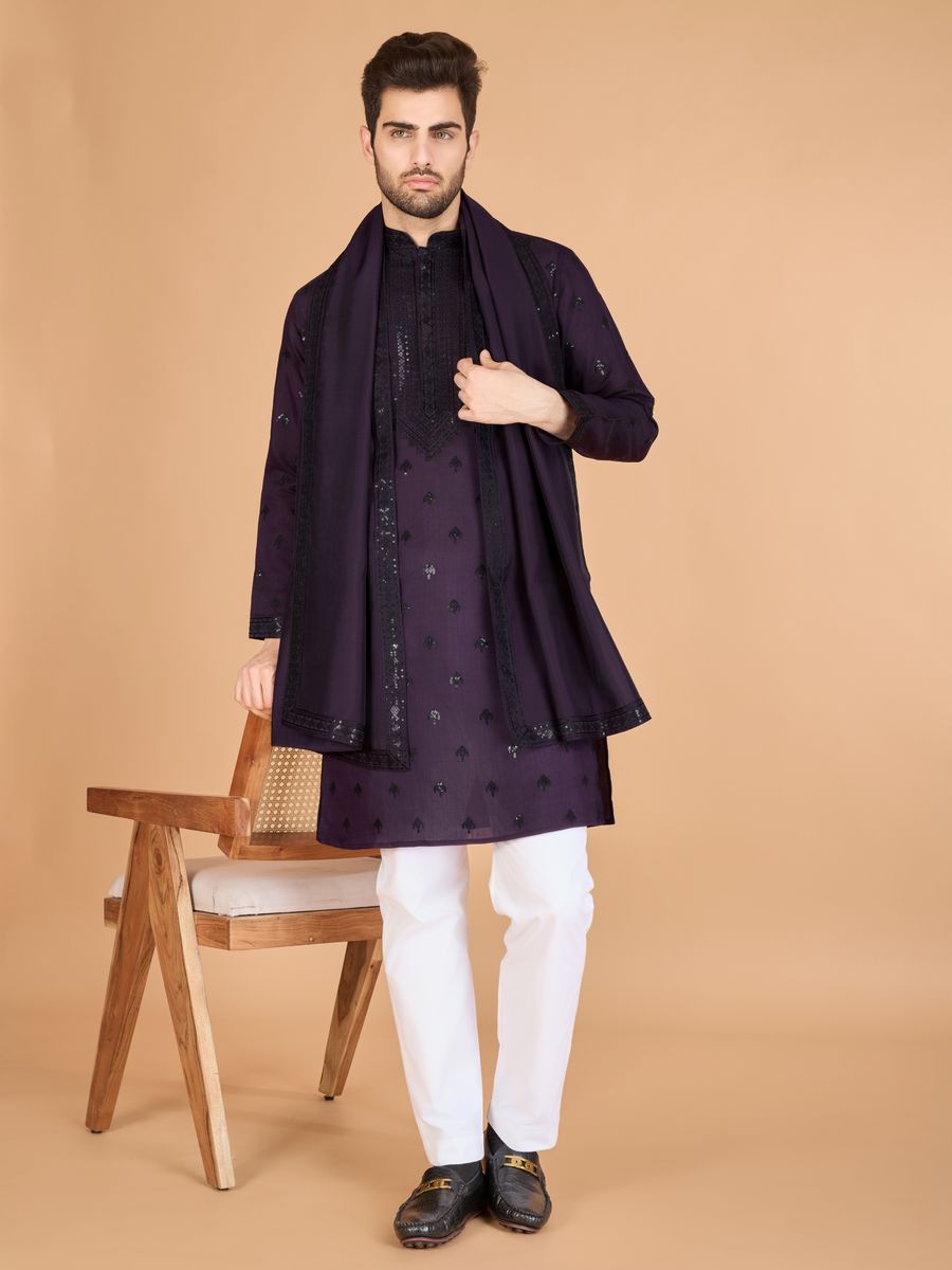 PURPLE VISCOSE SILK THREAD, SEQUENCE EMBROIDERED WORK KURTA SET - qivii