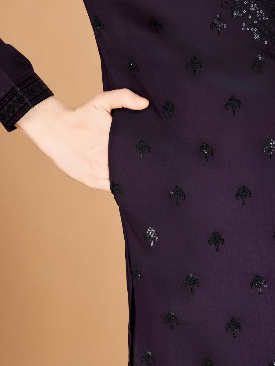 PURPLE VISCOSE SILK THREAD, SEQUENCE EMBROIDERED WORK KURTA SET - qivii