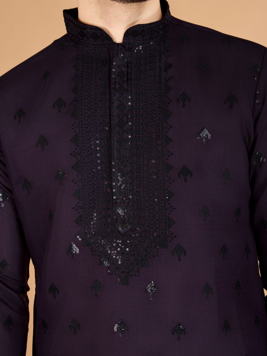 PURPLE VISCOSE SILK THREAD, SEQUENCE EMBROIDERED WORK KURTA SET - qivii