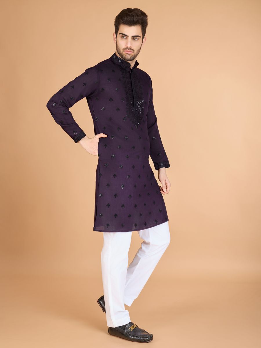 PURPLE VISCOSE SILK THREAD, SEQUENCE EMBROIDERED WORK KURTA SET - qivii