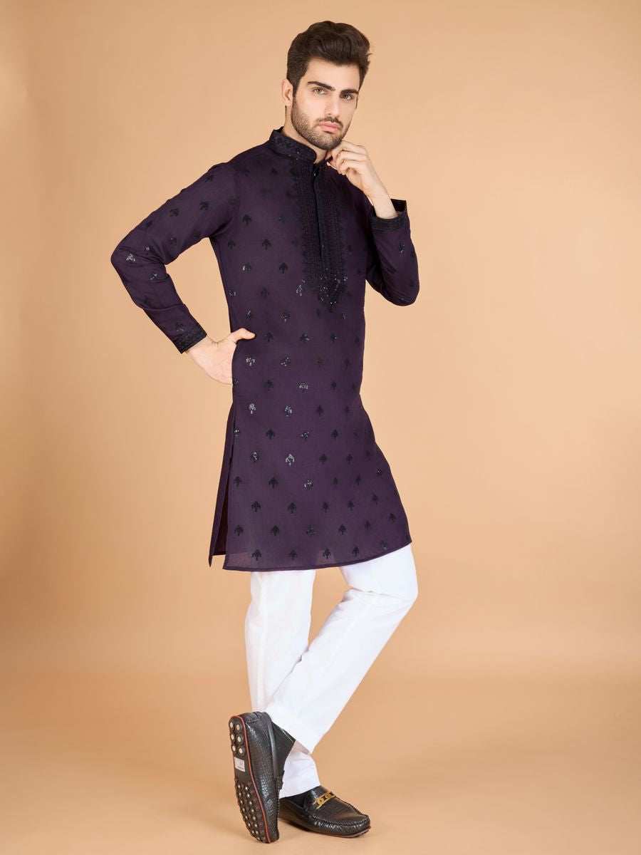 PURPLE VISCOSE SILK THREAD, SEQUENCE EMBROIDERED WORK KURTA SET - qivii