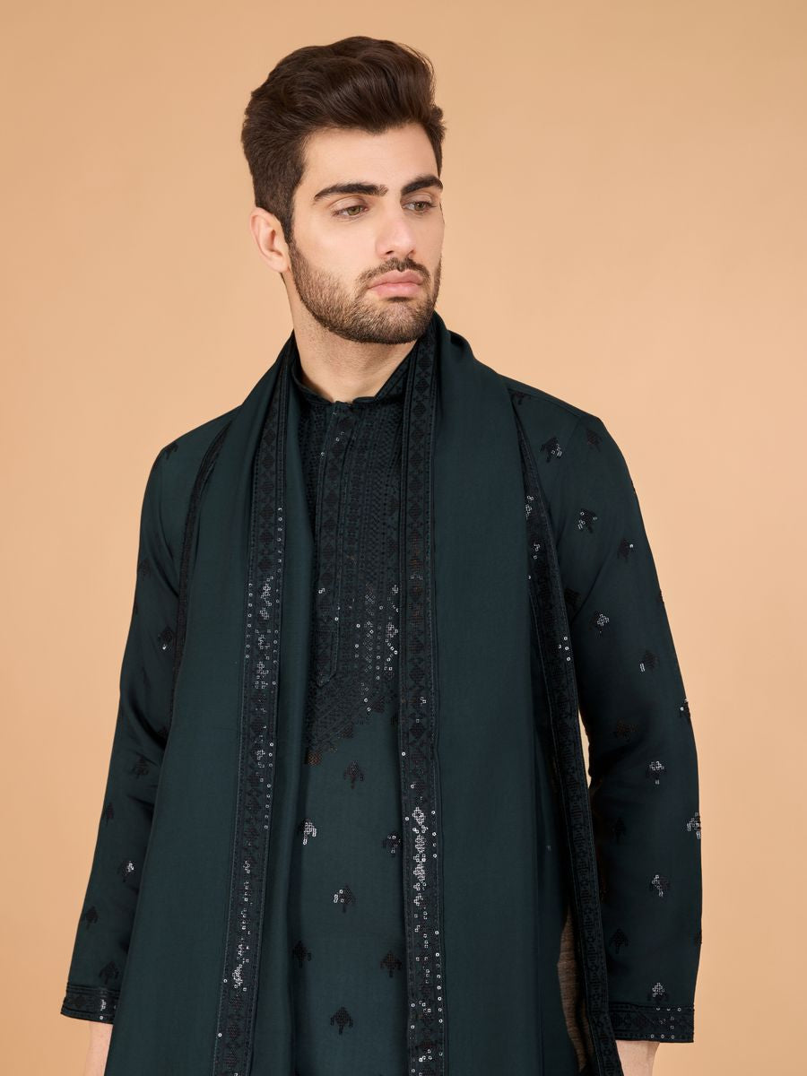 GREEN VISCOSE SILK THREAD, SEQUENCE EMBROIDERED WORK KURTA SET - qivii