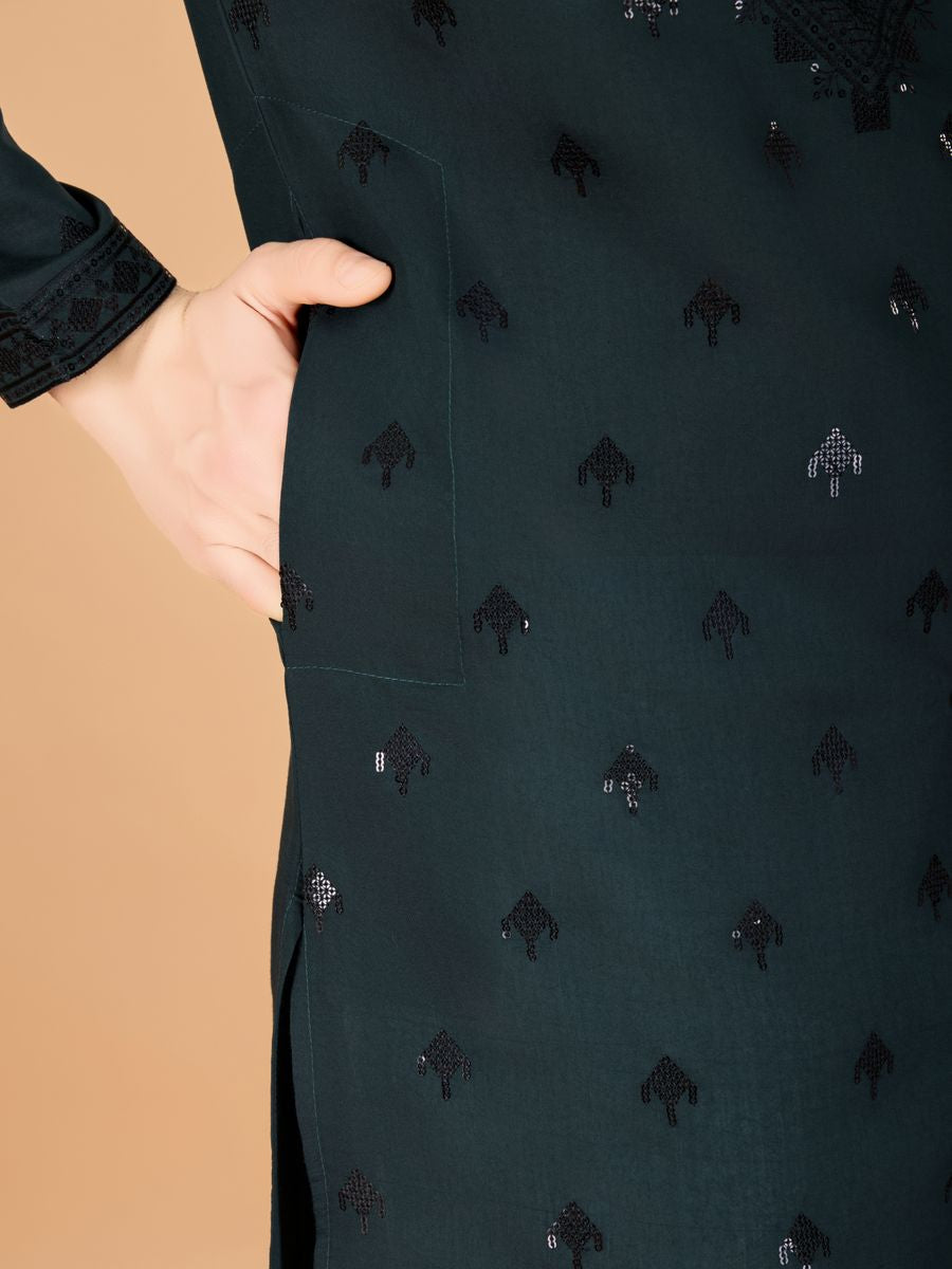 GREEN VISCOSE SILK THREAD, SEQUENCE EMBROIDERED WORK KURTA SET - qivii