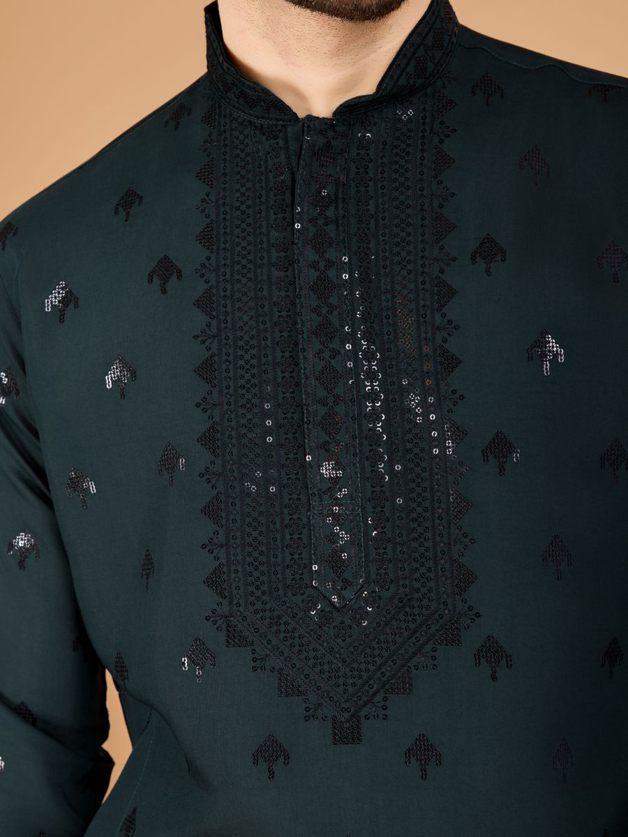 GREEN VISCOSE SILK THREAD, SEQUENCE EMBROIDERED WORK KURTA SET - qivii