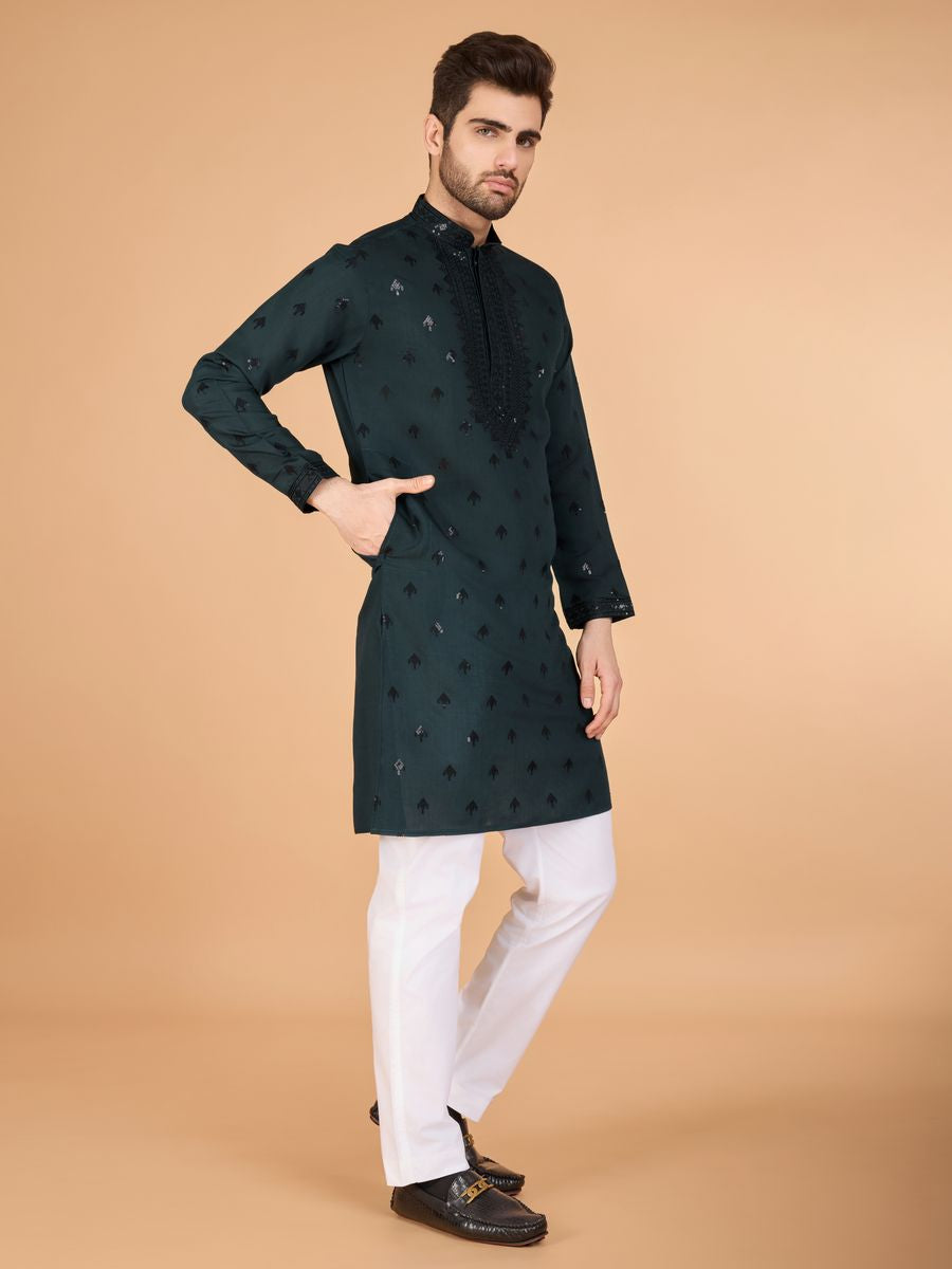 GREEN VISCOSE SILK THREAD, SEQUENCE EMBROIDERED WORK KURTA SET - qivii