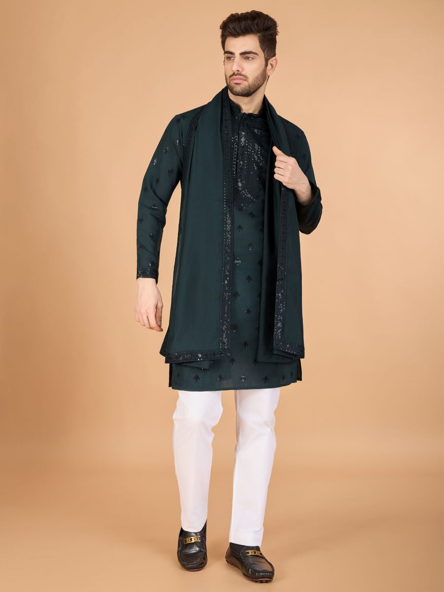 GREEN VISCOSE SILK THREAD, SEQUENCE EMBROIDERED WORK KURTA SET - qivii